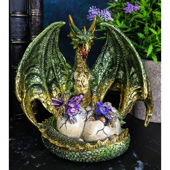 Metallic Green Gold Terra Mother Dragon Guarding 2 Wyrmlings In Eggs Figurine
