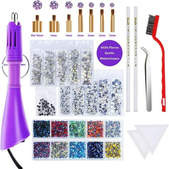 JUNWELLHotfix Applicator with Rhinestones Hot Fix Rhinestone Applicator Tool Kit with 4028Pcs Rhinestones 7 Different Sizes Tips Rhinestone Picker Pens and Brush for Cloth Bedazzler Cr
