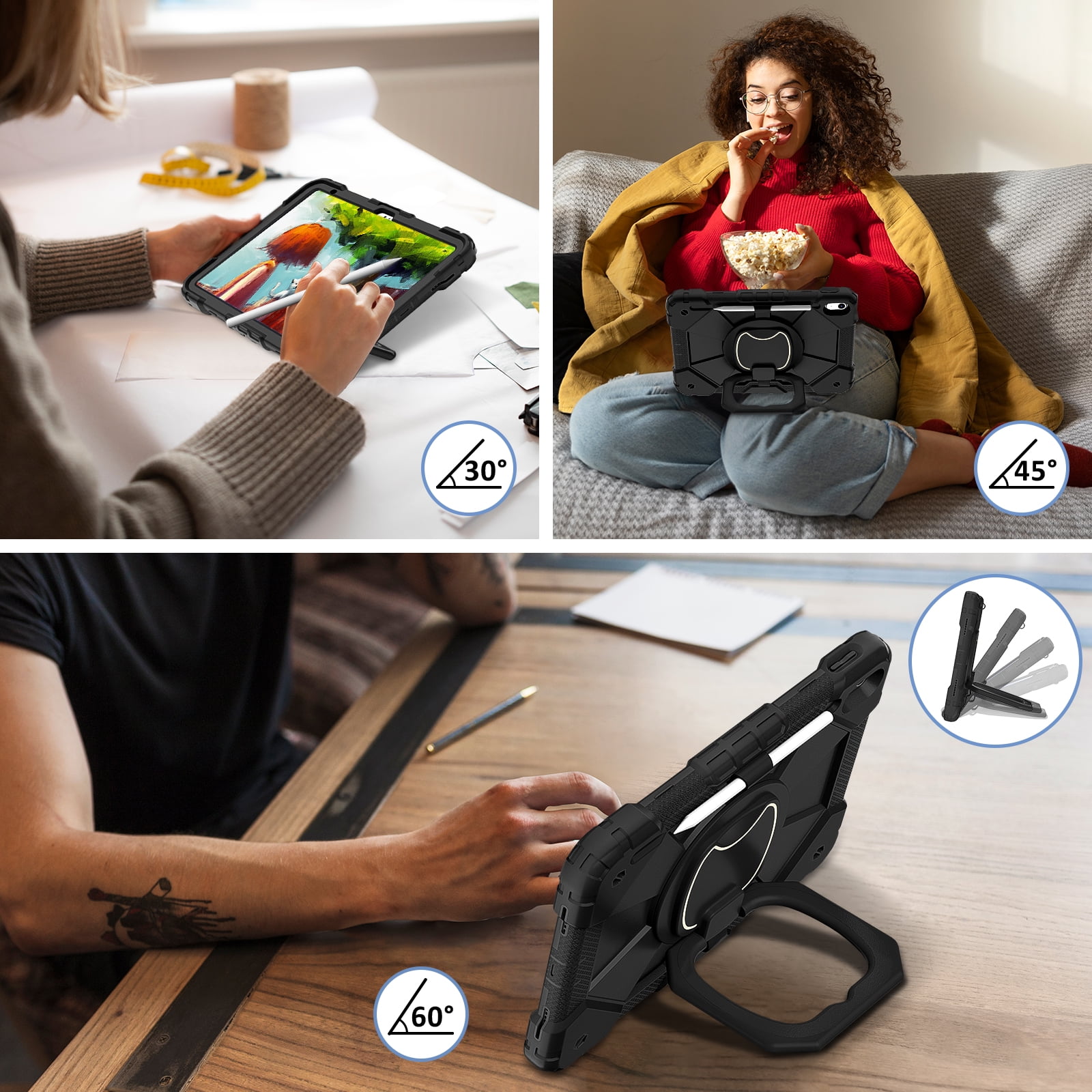 Dteck Case for iPad (A16) 11th/10th Generation 10.9 inch 2025/2022,Rotating Stand & Pencil Holder & Hand Grip & Shoulder Strap Shockproof iPad 11th/10th Generation Case (11th/10th Gen),Black
