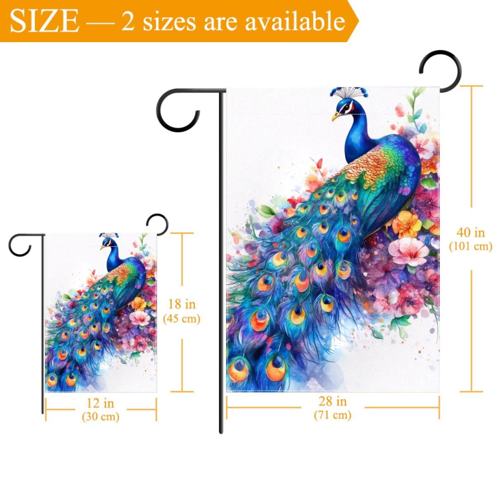 Watercolor Peacock with Feathers Flowers Double Sided Garden Flag Decorative Weather Resistant Yard Flag, Large DIY Vertical Flag for Farmhouse Patio Lawn, 28x40 Inch