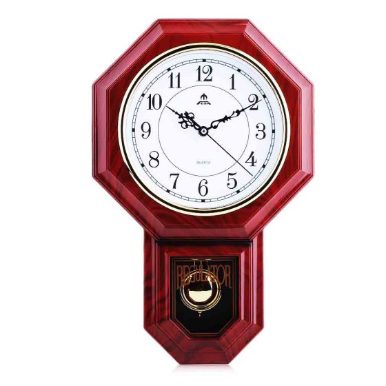 Chime Faux Wood Pendulum Wall Clock, Round Classic Schoolhouse Chime Wall Clock Wall Decoration