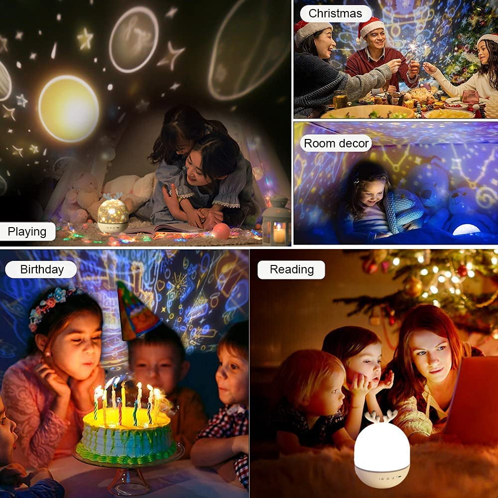 Baby Night Light Projector, LED Children's Night Light Music Light and Light 360 ° Rotation, 8 Songs, 6 Projected Movies, Room Starlight Projector Light, Gift, Birthday
