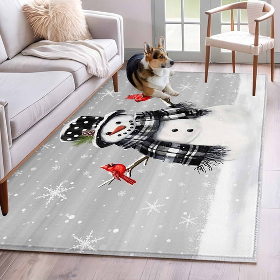 3'x5' Area Rugs, Grey Snowman Christmas Indoor Outdoor Area Rug for Living Room Bedroom, Xmas Snowflake Birds Washable Bathroom Rugs Kitchen Floor Carpet Mats Home Decor Aesthetic