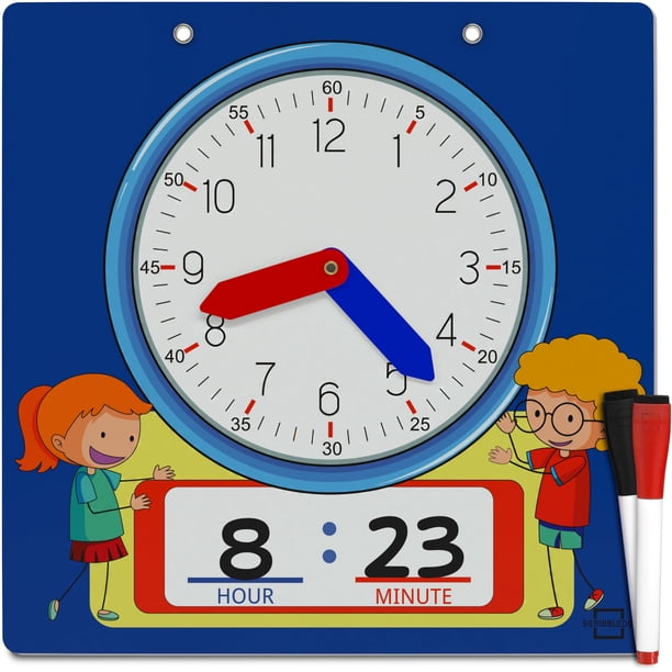 Scribbledo Reloj de aprendizaje de borrado en seco grabable para niños Reloj de demostración de escritura y borrado para niños que aprenden a decir la hora aulas y suministros para la escuela en el ho