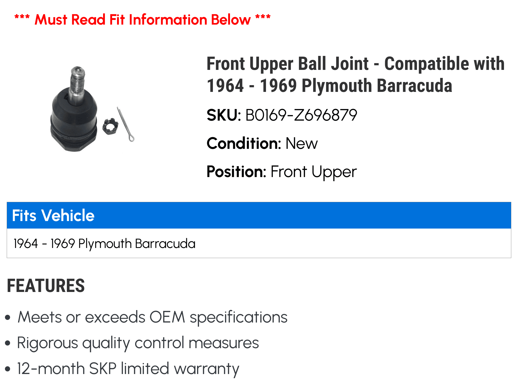 Front Upper Ball Joint - Compatible with 1964 - 1969 Plymouth Barracuda 1965 1966 1967 1968