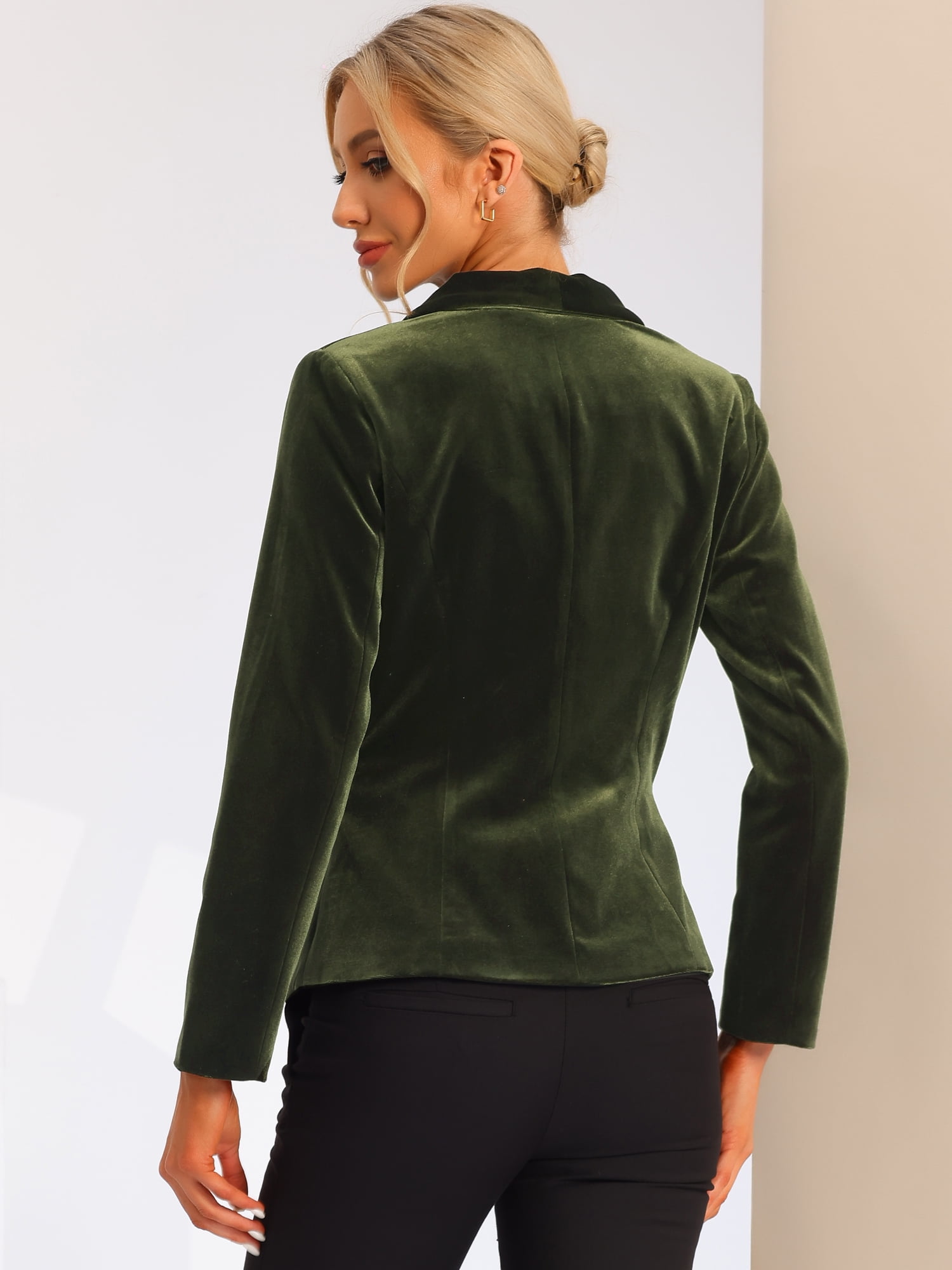 DARING DIVA Women's Velvet Office Coat Solid Shawl Collar Blazer M Olive Green
