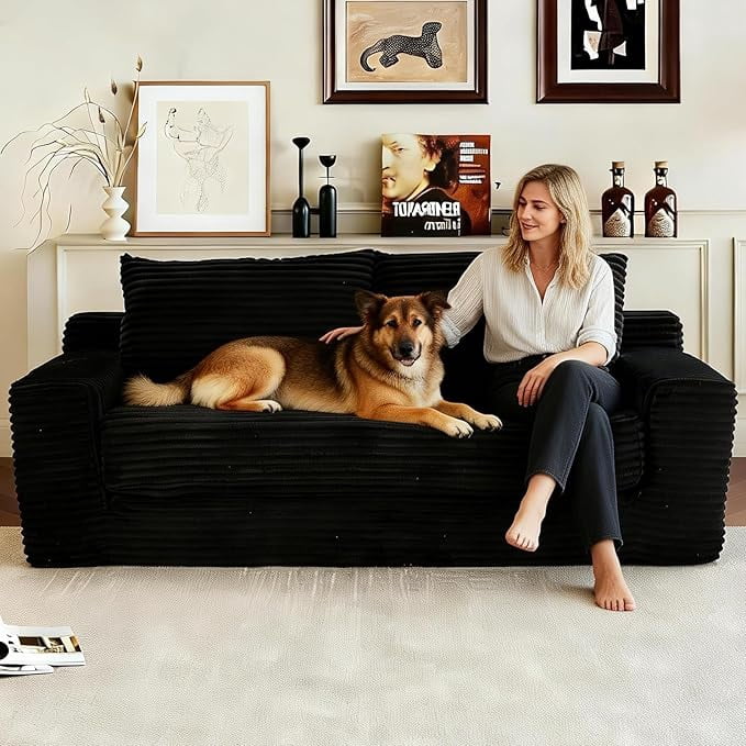 Howcool 71" Boneless Loveseat Sleeper Sofa,2 in 1 Pull Out Convertible Corduroy Floor Couch with Side Storage Pockets & 2 Throw Pillows,Foldable Guest Couch for Living Room,No Assembly Required,Black