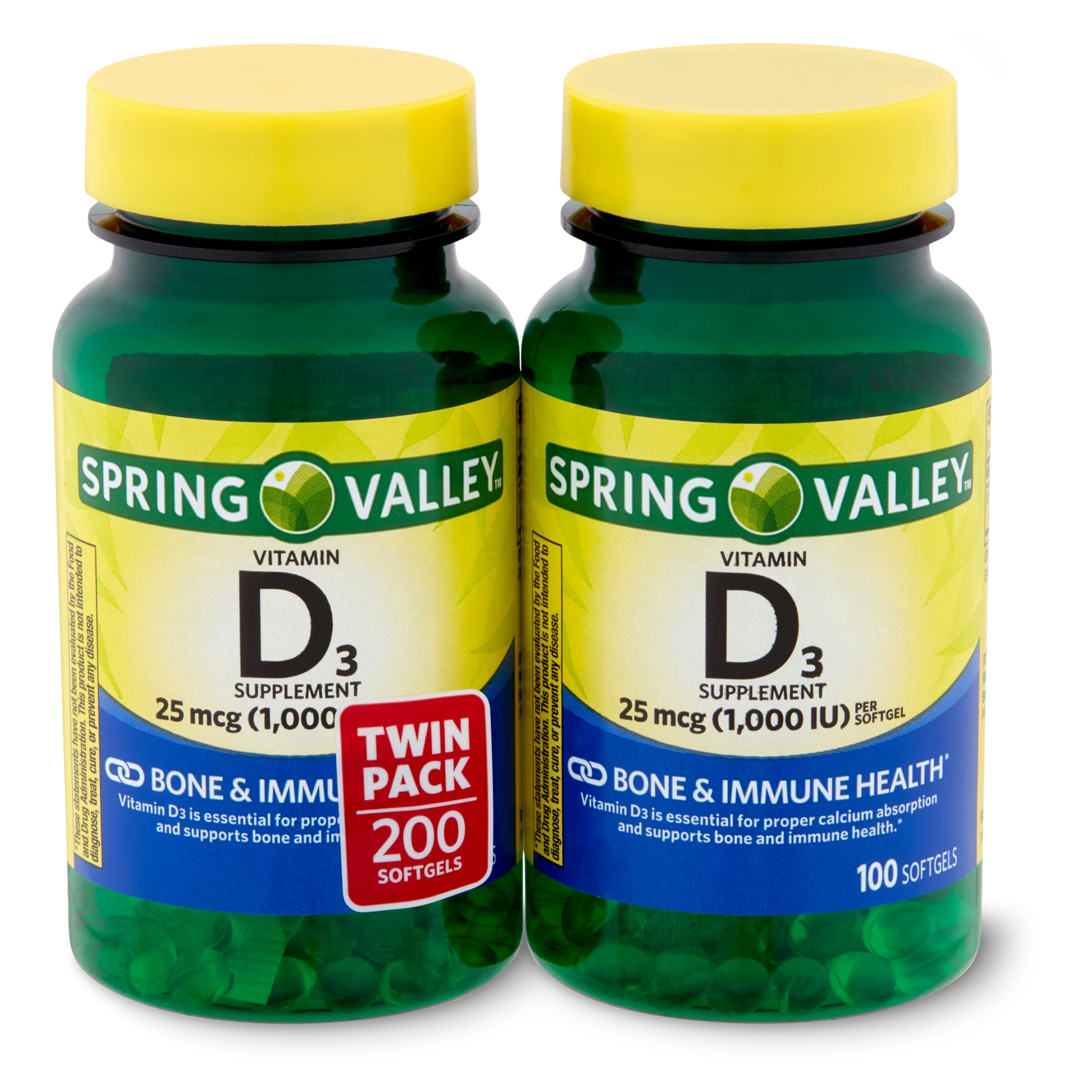 Spring Valley Vitamin D3 Softgels, 25mcg, 1,000 IU, 100 Count, 2 Pack