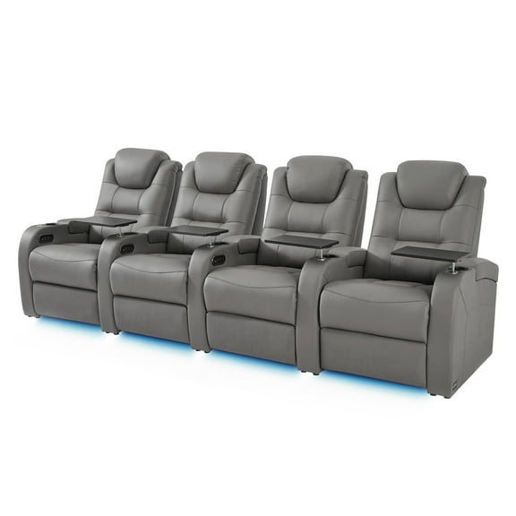 comfiroom Leather Home Theater Seating Seats, Simple Style Top Grain Leather Game Seats Movie Theater Chairs Theater Recliner Sofa with Type-C USB Charger (Grey, Row of 4)