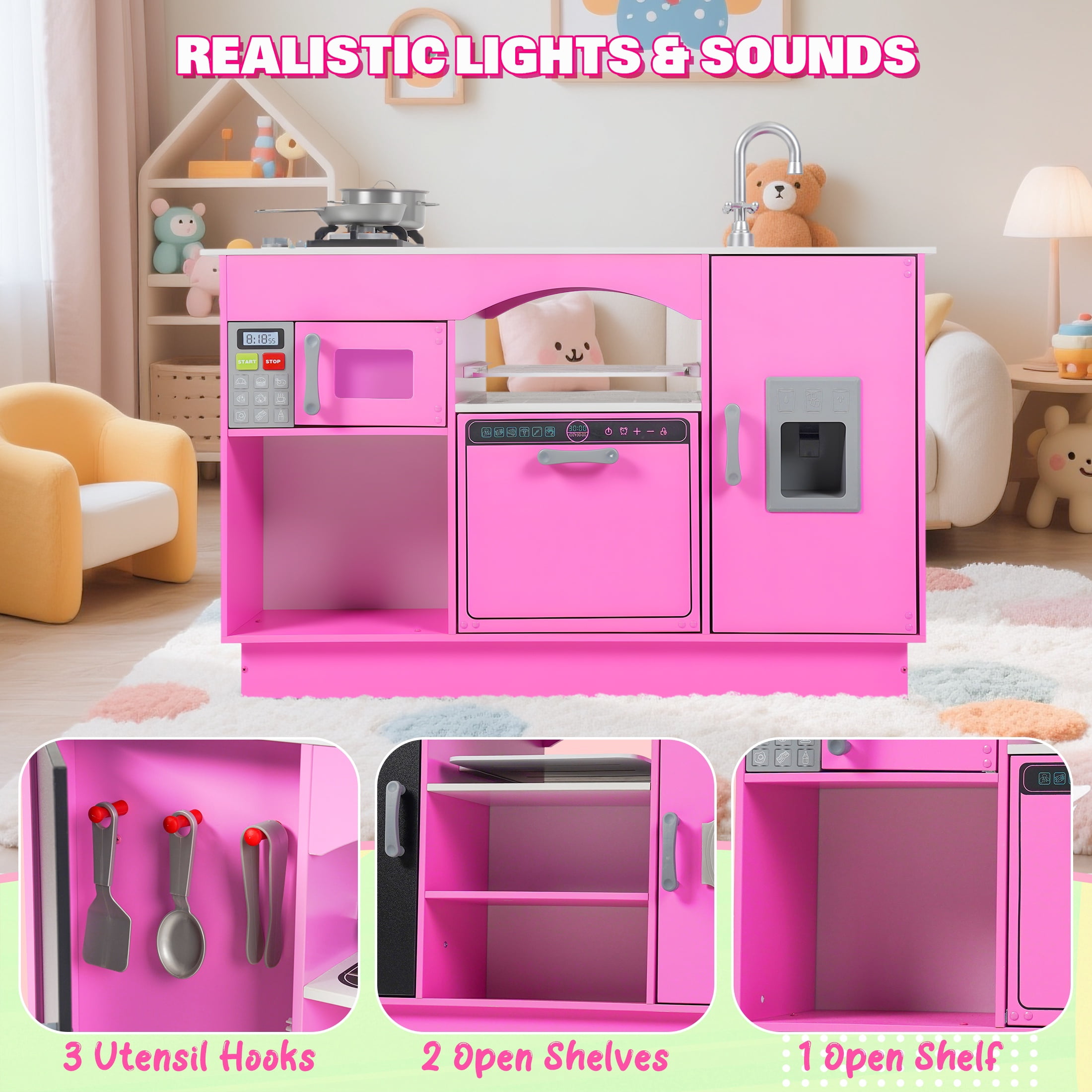 iYofe Play Kitchen Sets for Kids Ages 2+, Wood Kids Kitchen Playset for Toddlers with Real Lights & Sounds, Pretend Play Toys Kitchen with Cookware Accessories, Pink