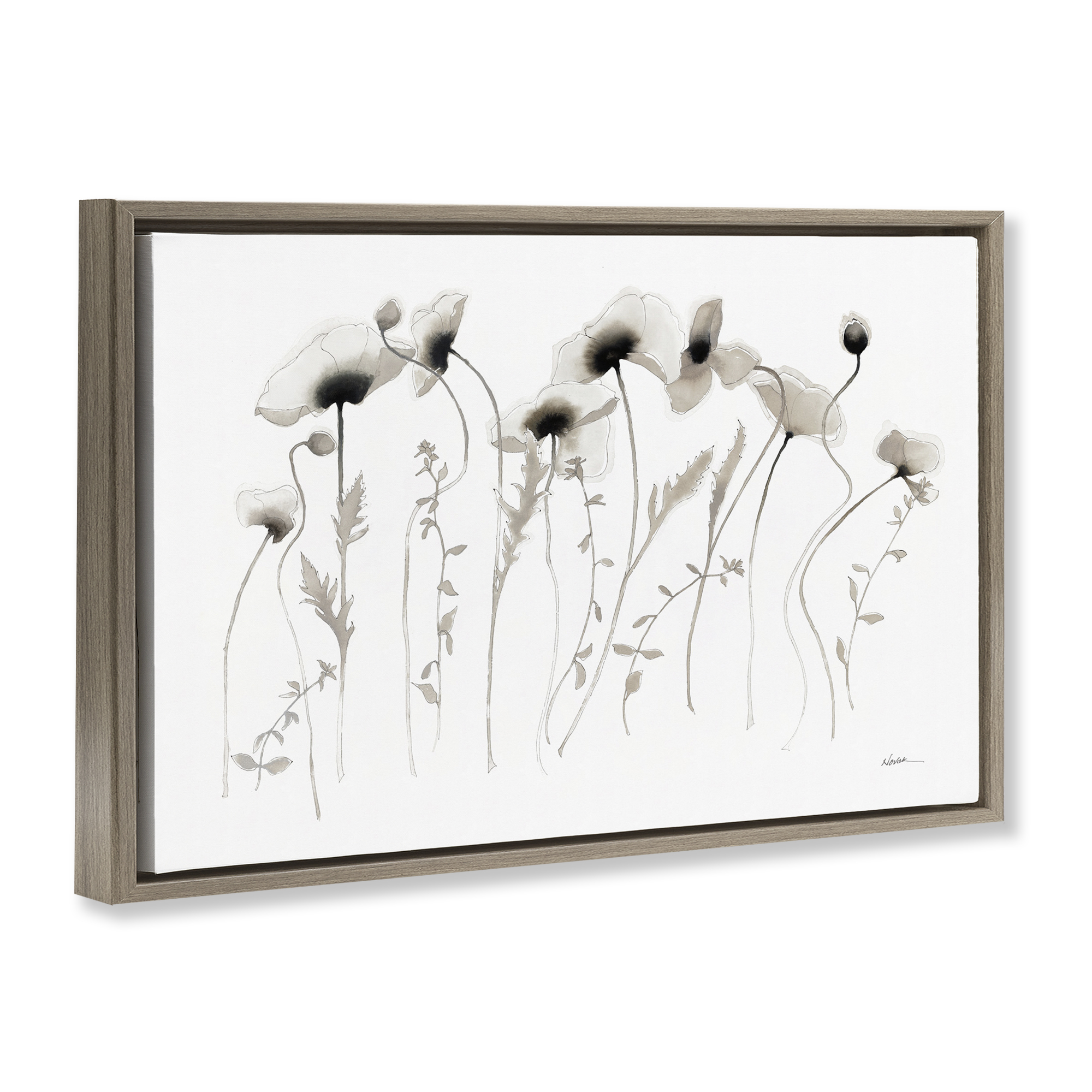 Stupell Industries White Poppy Sprigs Botanical & Floral Painting Brown Floater Framed Art Print Wall Art, 31 x 21