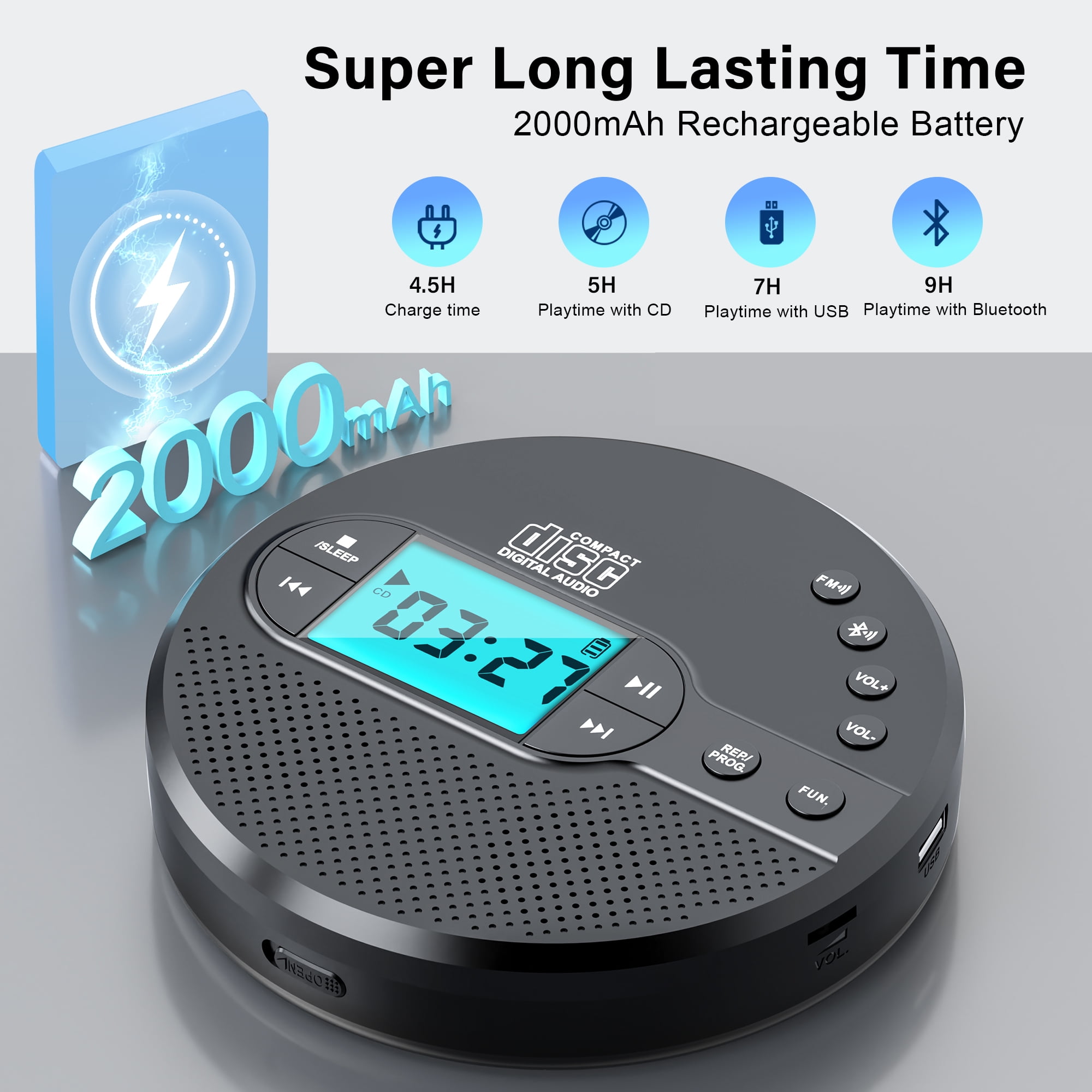 Portable CD Player with Bluetooth, CD Player for Car with USB Port, for Adult, Jogging