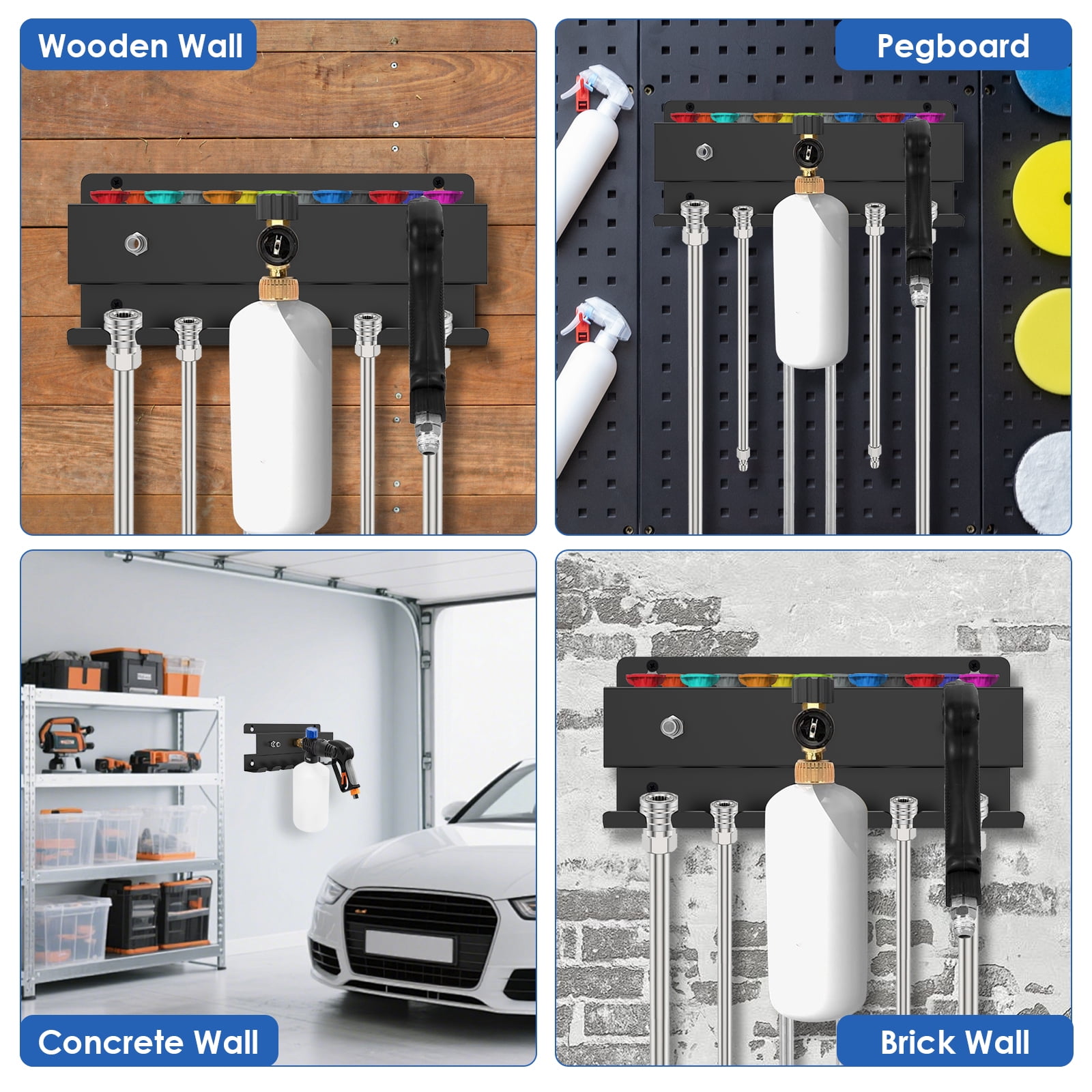 Pressure Washer Tool Organizer Rack Wall Mounted Thickened 1/4'' Car Wash Accessory Holder for Foam Cannon Wand Nozzle Tip