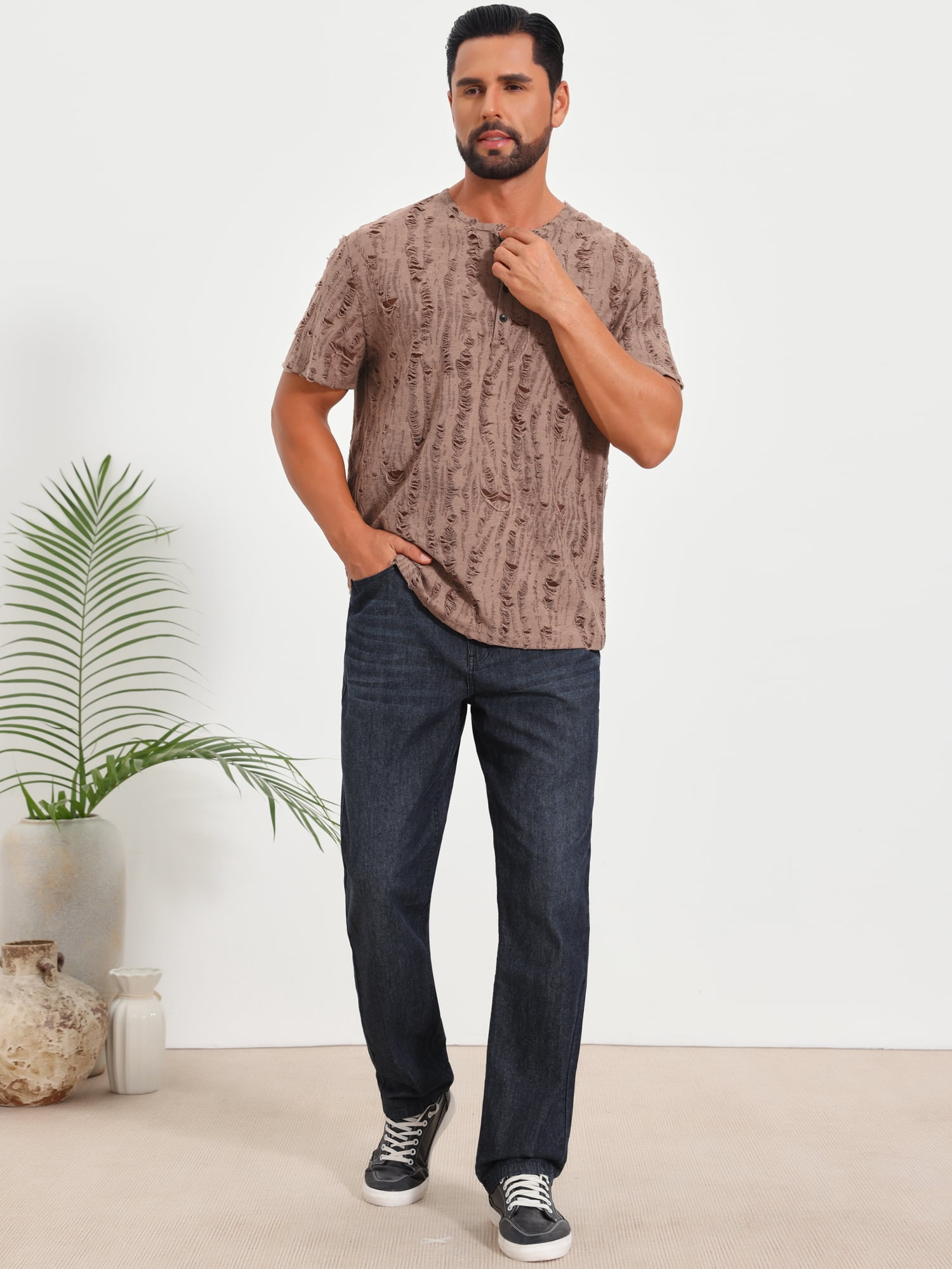DARING DIVA Men's Ripped Henley Retro Short Sleeve Button Down T-Shirt L Brown