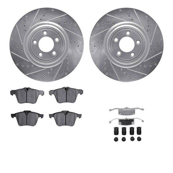 Dynamic Friction Company Front Brake Rotors-Drilled and Slotted-Silver with 5000 Advanced Brake Pads includes Hardware 7512-20094
