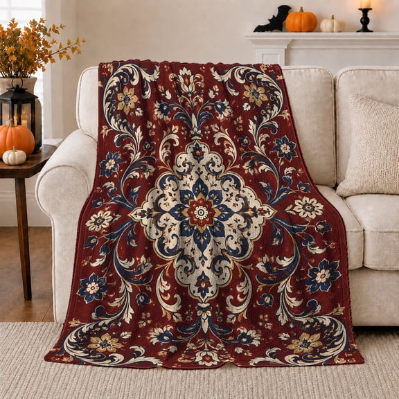 Burgundy Autumn Damask Floral, Festive Halloween Scene, Warm Flannel Blanket for Living Room and Reading Nook with Detailed Artwork, Art Lovers Halloween Gift, Festive Home Decor
