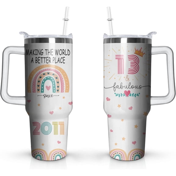 13th Birthday Gifts Cup, 40 Oz Stainless Steel Tumbler with Handle & Straw, 13 Year Old Birthday Gifts for Girls Coffee Mug, 13th Birthday Decorations for Girls, Happy 13th Birthday Gifts for Girls