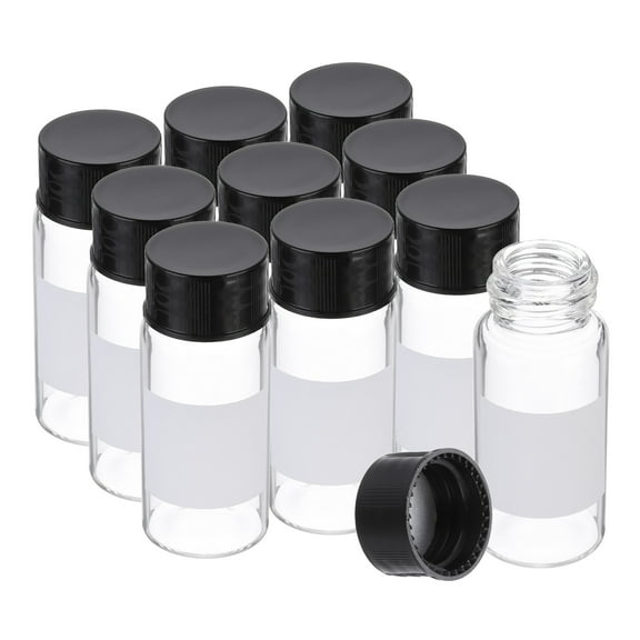 Uxcell 10Pcs 10ml Small Clear Glass Vials with Black Screw Cap, Borosilicate Glass Sample Bottles with Label