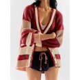thumbnail image 5 of Womens V Neck Cardigan Sweaters Color Block Button Oversized Long Sleeve Open Front Knit Sweater Coats Brick Red S, 5 of 7