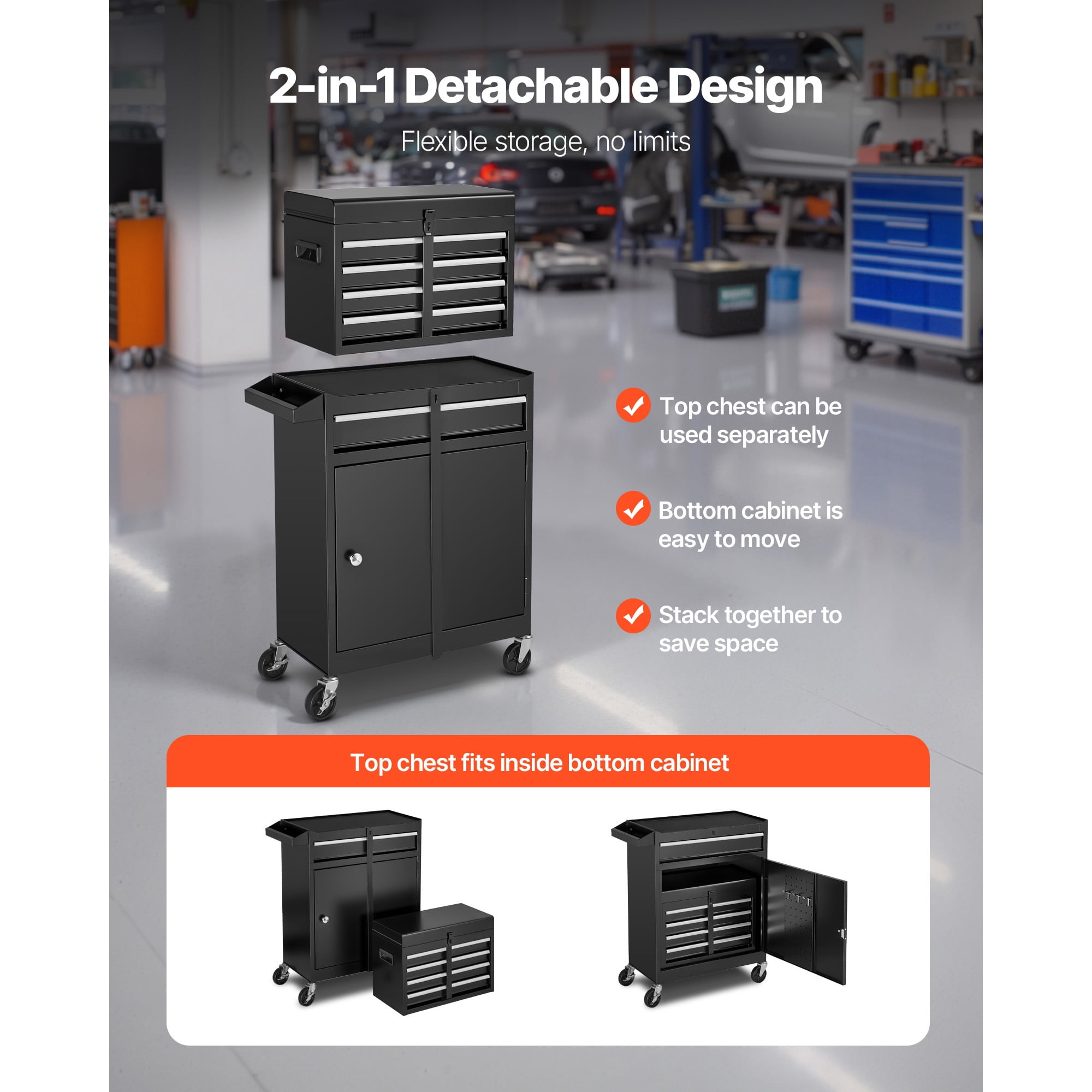 KFFKFF Rolling Tool Chest with 2-in-1 Design, 5-Drawer Tool Cabinet Organizer Featuring Detachable Top Toolbox, Locking Bar, Protective Liner, and Tool Rack for Garage, Workshop, or Warehouse Storage