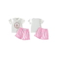 thumbnail image 2 of BemeyourBBs Kids Toddler Baby Girls Summer Clothes Infant Baby Girl Princess Castle Outfit Puff Short Sleeve Crew Neck Embroidery Flower Castle T-shirt With Plaid Shorts Set Summer Outfit, 2 of 9