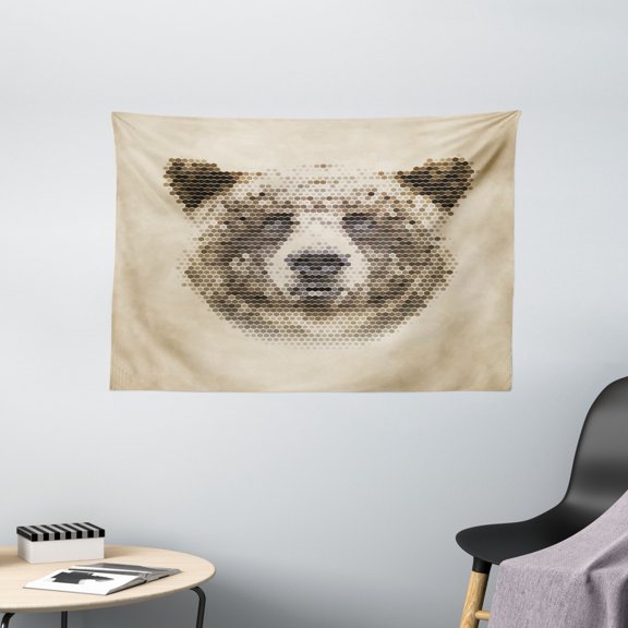 Bear Tapestry, Wild Animal Head with Hexagonal Dots Blurry Looking Portrait Vintage Geometric Modern, Wall Hanging for Bedroom Living Room Dorm Decor, 60W X 40L Inches, Tan Brown, by Ambesonne