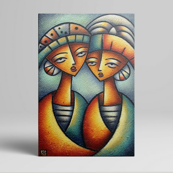 1pc African - inspired Abstract Canvas Wall Art Featuring Two Women with Colorful Headdresses and Outfits, Framed Decor room hanging Wall Picture Decor for Home Gifts, living room, bathroom, bedroom,