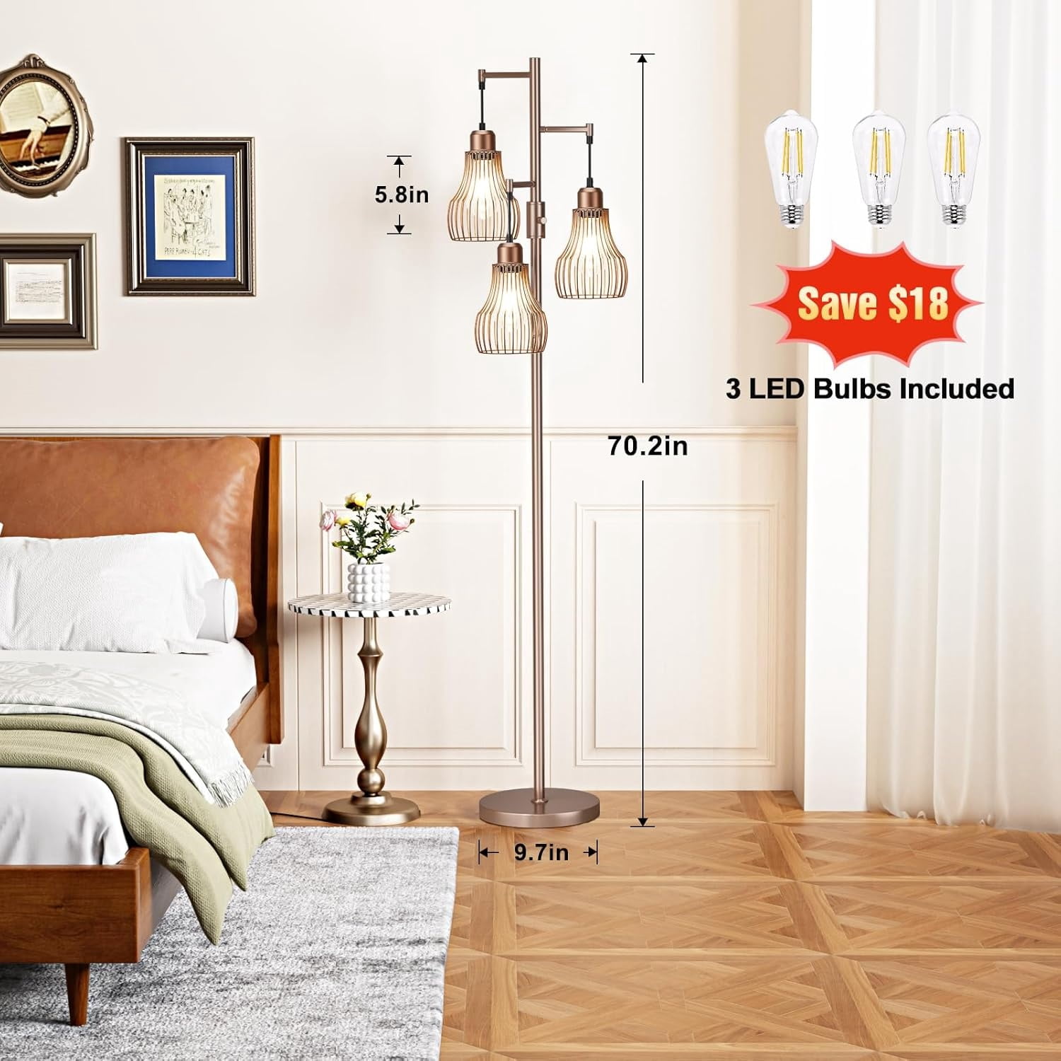Floor Lamps for Living Room, Industrial Tree Standing Tall Lamps with 3 Elegant Cage Shade & 800 Lumens LED Bulbs for Bedroom Office - Brown