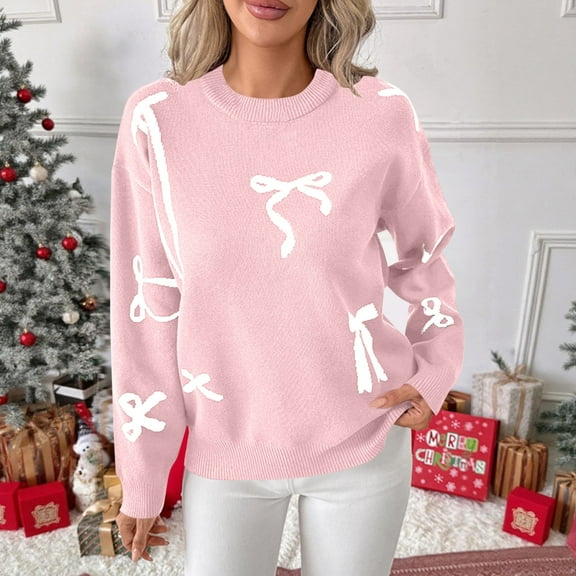 RRMuAzgs Long Sleeve Pullover Sweaters for Women Solid Color Trendy Crewneck Sweater Tops Casual Loose Cute Bow Knit Sweater