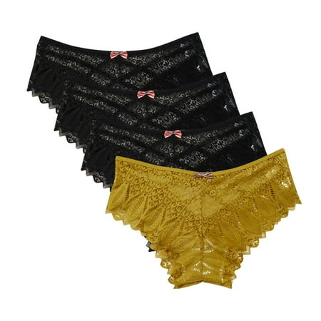 Underwear Women Bikini 4pc Panties for Women Lace Thong Lace Breathable Underwear Scallop Thongs Ladies Plus Size Underpant Briefs High Waist Hip Lift Panties Yellow L
