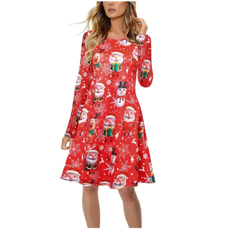 Fulijie Christmas Christmas Print Dresses for Women Hanukkah Dress Women Red Juniors Christmas Dress Christmas Women s Casual Long Sleeve Snowflake