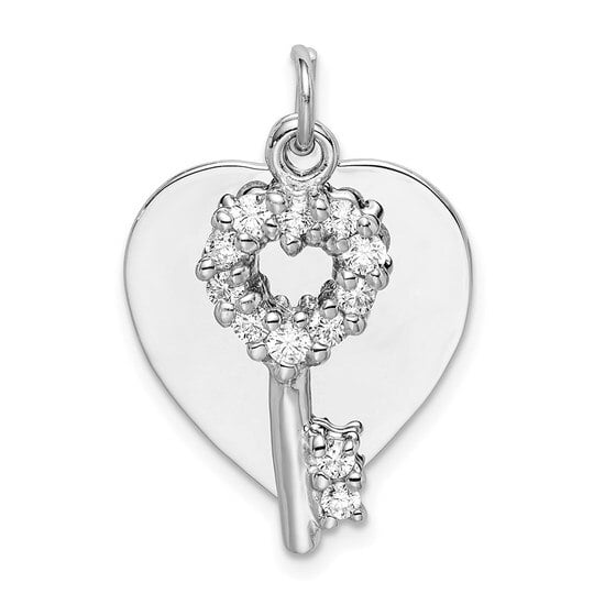 Dangle Pendant 925 Sterling Silver Rhodium-Plated Love Heart/Key CZ Cubic Zirconia