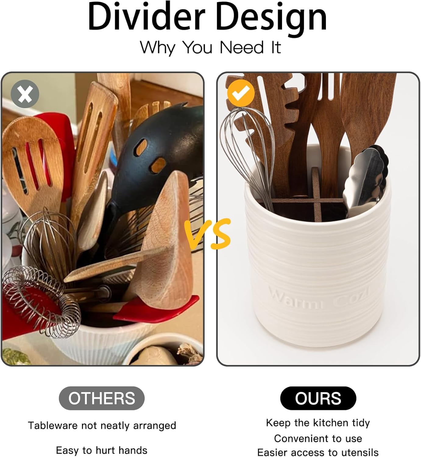 FUN ELEMENTS Utensil Holder, 7.1Inch 4 Compartment Utensil Crock,Ceramic Cooking Utensil Spoon/Spatula Holder for Countertop, Kitchen Decor and Accessories for counte(Beige)