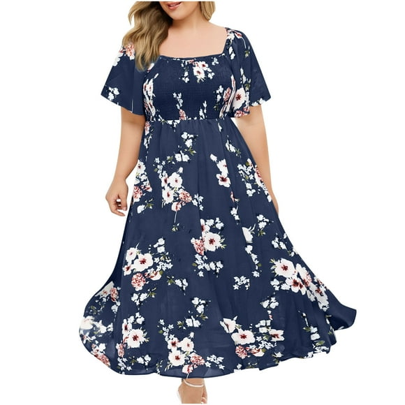 UPPADA Summer Floral Dress for Women Plus Size V Neck Casual Short Sleeve Dress Boho Beach Dresses Party Cocktail Dresses Wedding Guest Dresses,Beach Outfits for Women Navy,XXL