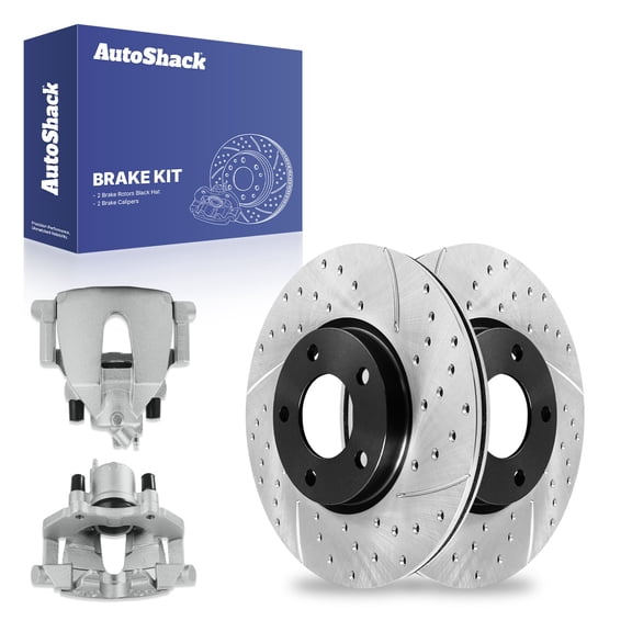 AutoShack Front Vented Drilled & Slotted E-Coated Brake Rotors Calipers 4-PC Brake Kit Replacement for 2005-2007 Mazda 3 2006-2007 Mazda 5 ShadowGuard 11.81" (299.9 mm)