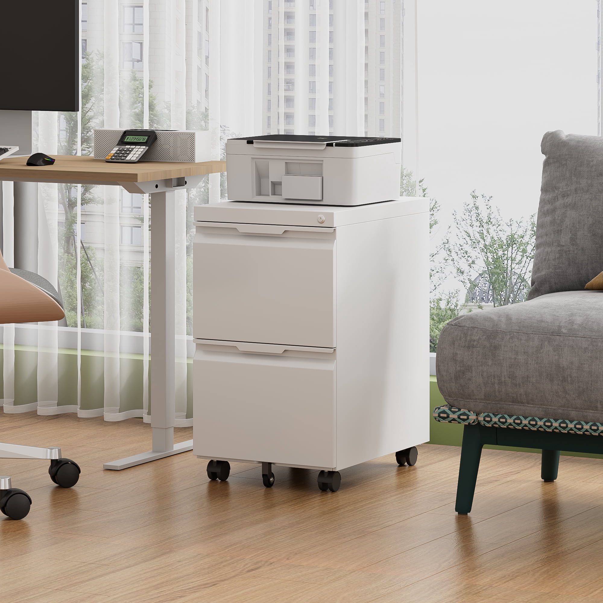 2 Drawer Mobile File Cabinet, Under Desk Storage Cabinet with Lock, Metal Filing Cabinet for A4/F4/Letter