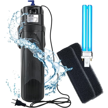 COOSPIDER Aquarium Filter Sun JUP-01 for 40-80 Gallon Tank Clear, U-V Fish Tank Green Clean Machine Submersible Pump w/ 1 Spare Bulb + 2 Replace Filter, 211gph 9 Watt