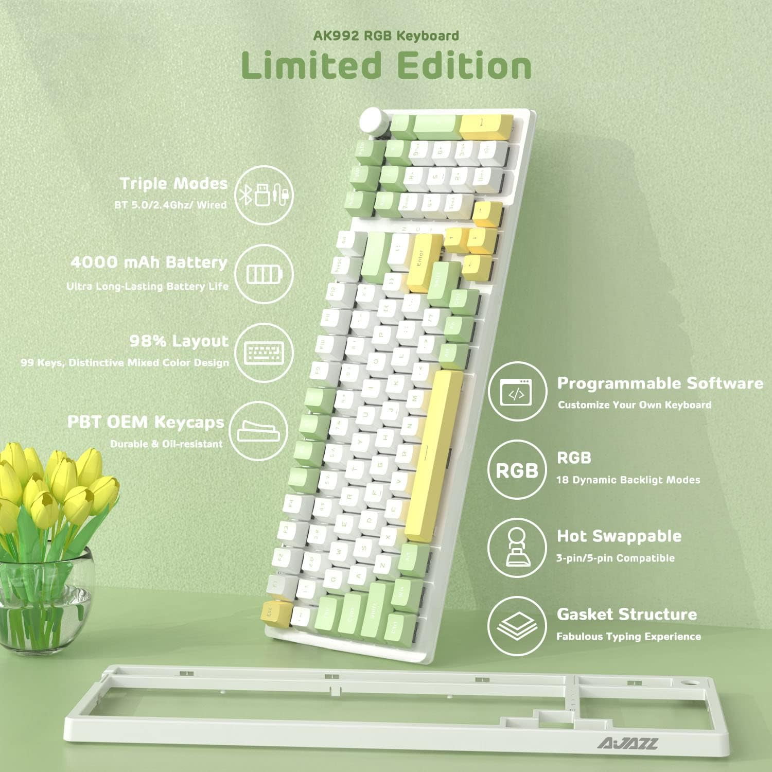AK992 Gasket Wireless Mechanical Keyboard,2.4G/BT5.0/Wired,MDA PBT Keycaps,Blue Switch RGB Hot Swap