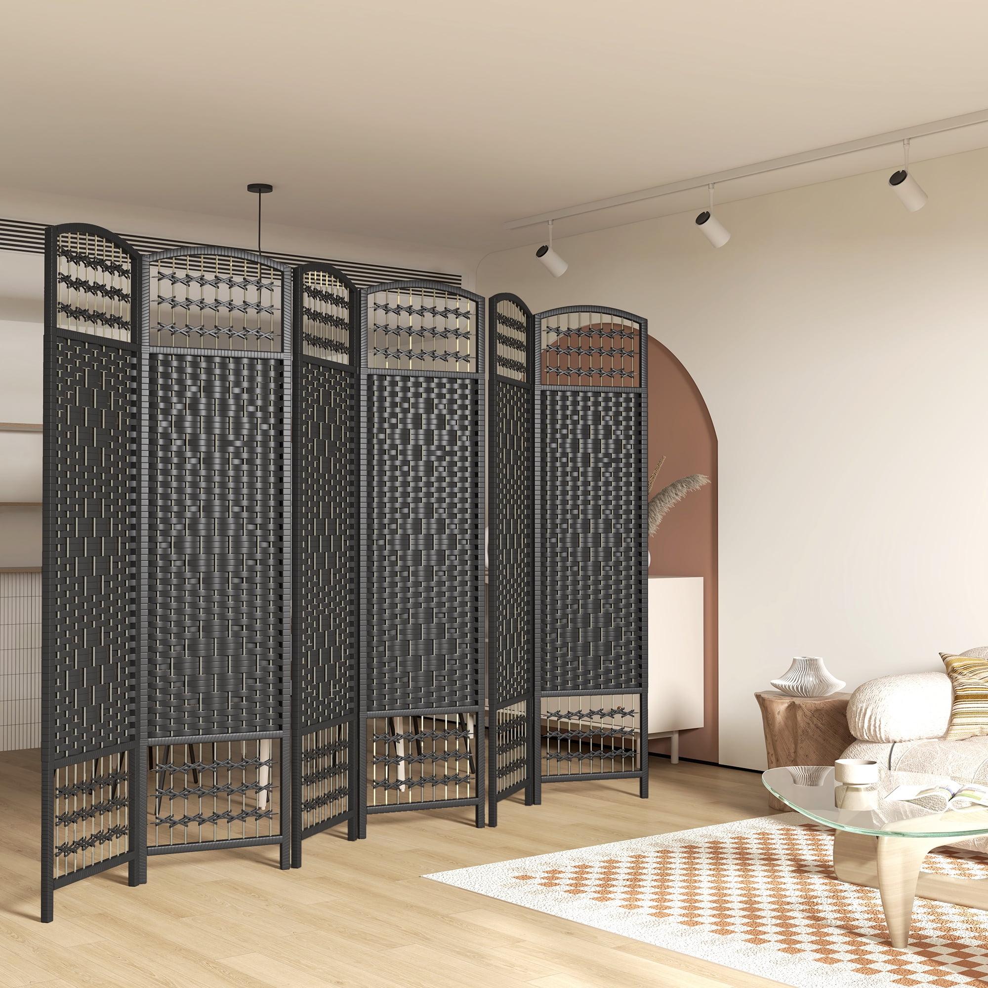 Privacy Screen HOMCOM 6 Panel Room Divider, Folding Privacy Screen, 5.6' Room Separator, Wave Fiber Freestanding Partition Wall Divider, Black,Partition Screen