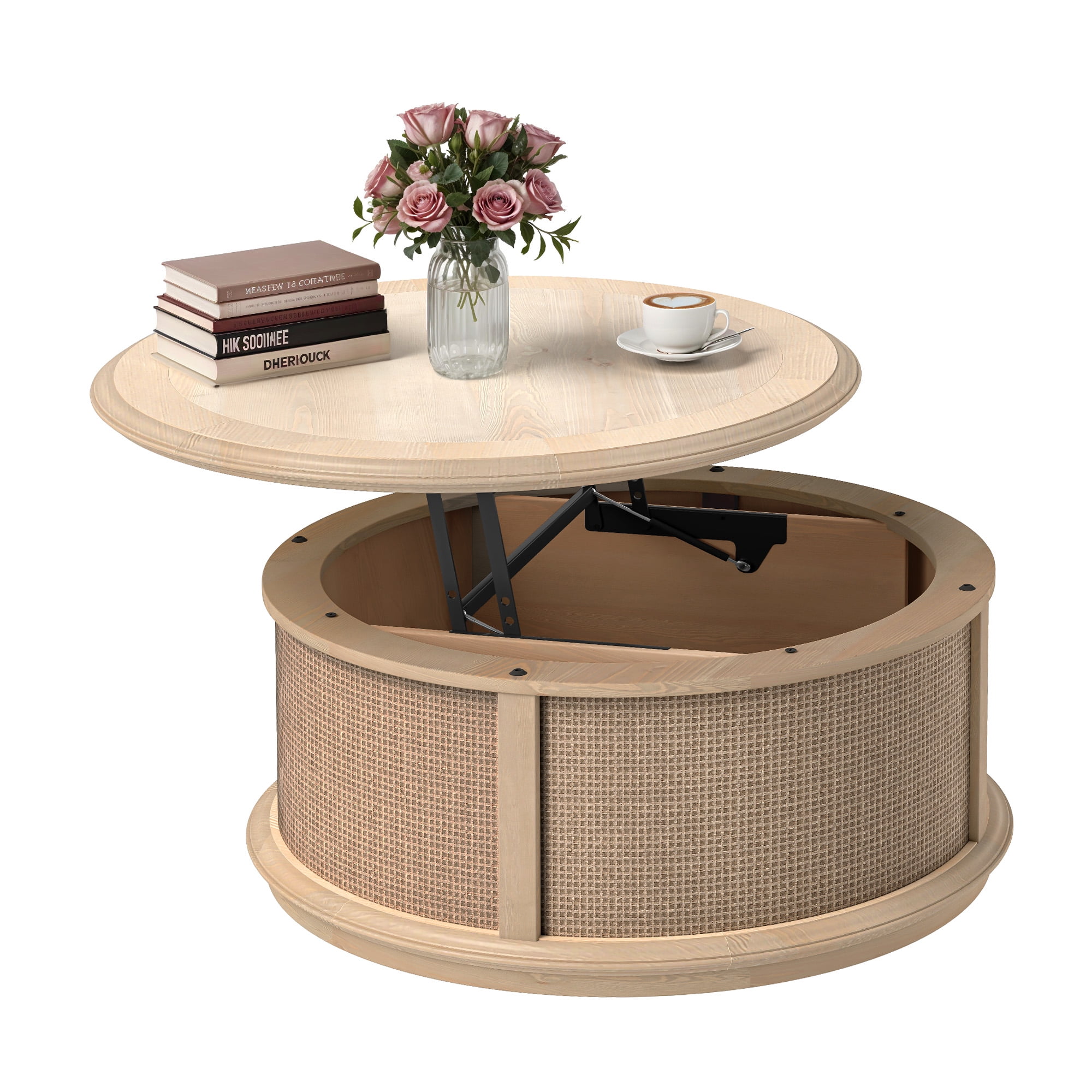 Uforic Round Rattan Drum Coffee Table with Lifting Top