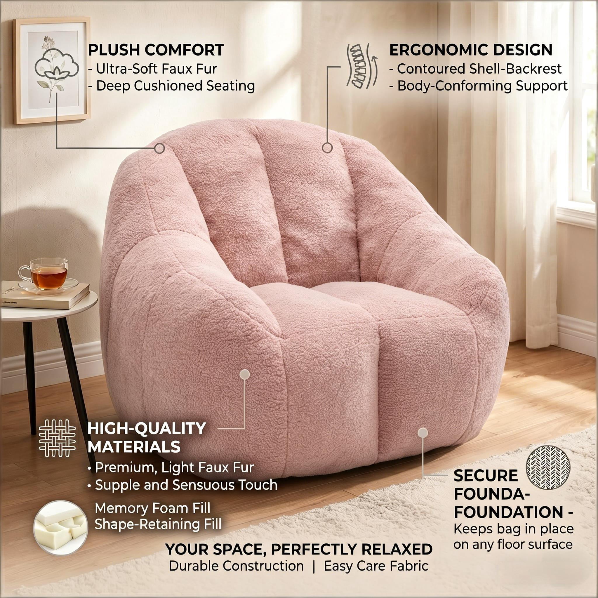 Howcool Bean Bag Chair with Filler, Memory Foam Tufted Fluffy Lazy Sofa for Living Room Dorm Apartment