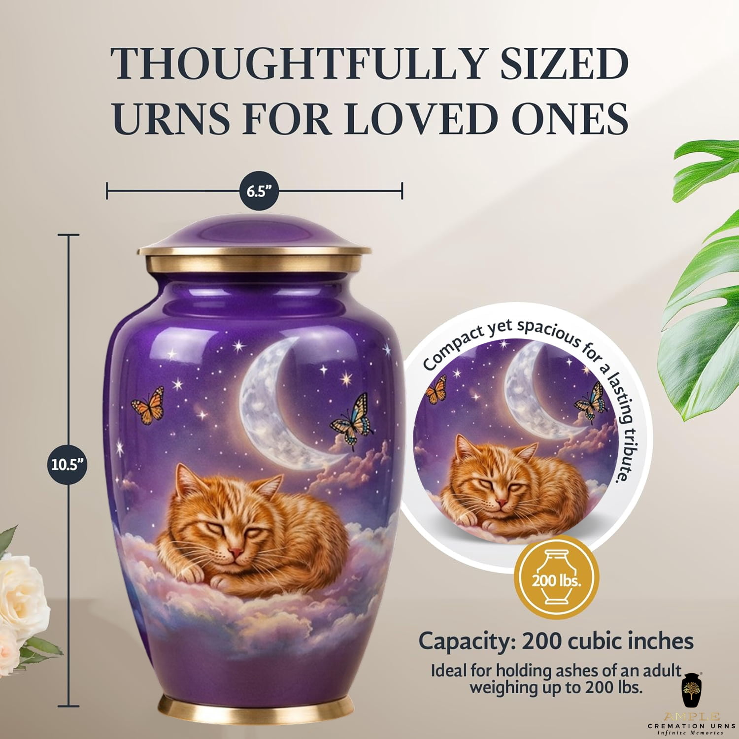 Purple Cat Cremation Urn – Pet Memorial Urn with Moon & Stars Design 10 inch premium