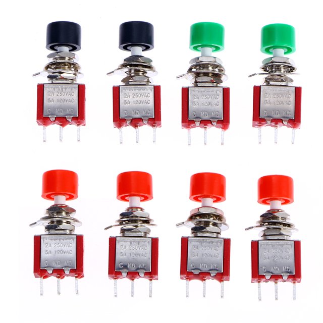 8 interruptores de botón pulsador de 6 mm, sin bloqueo, momentáneos, encendido/apagado, 3 pines, carcasa metálica, 2 A, 250 V CA/5 A, 120 V CA, orificio de montaje