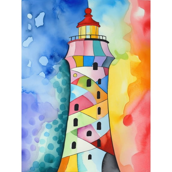 Lighthouse Concept With Rainbow Colour Sky Modern Folk Art Watercolour Painting Large Wall Art Poster Print Thick Paper 18X24 Inch