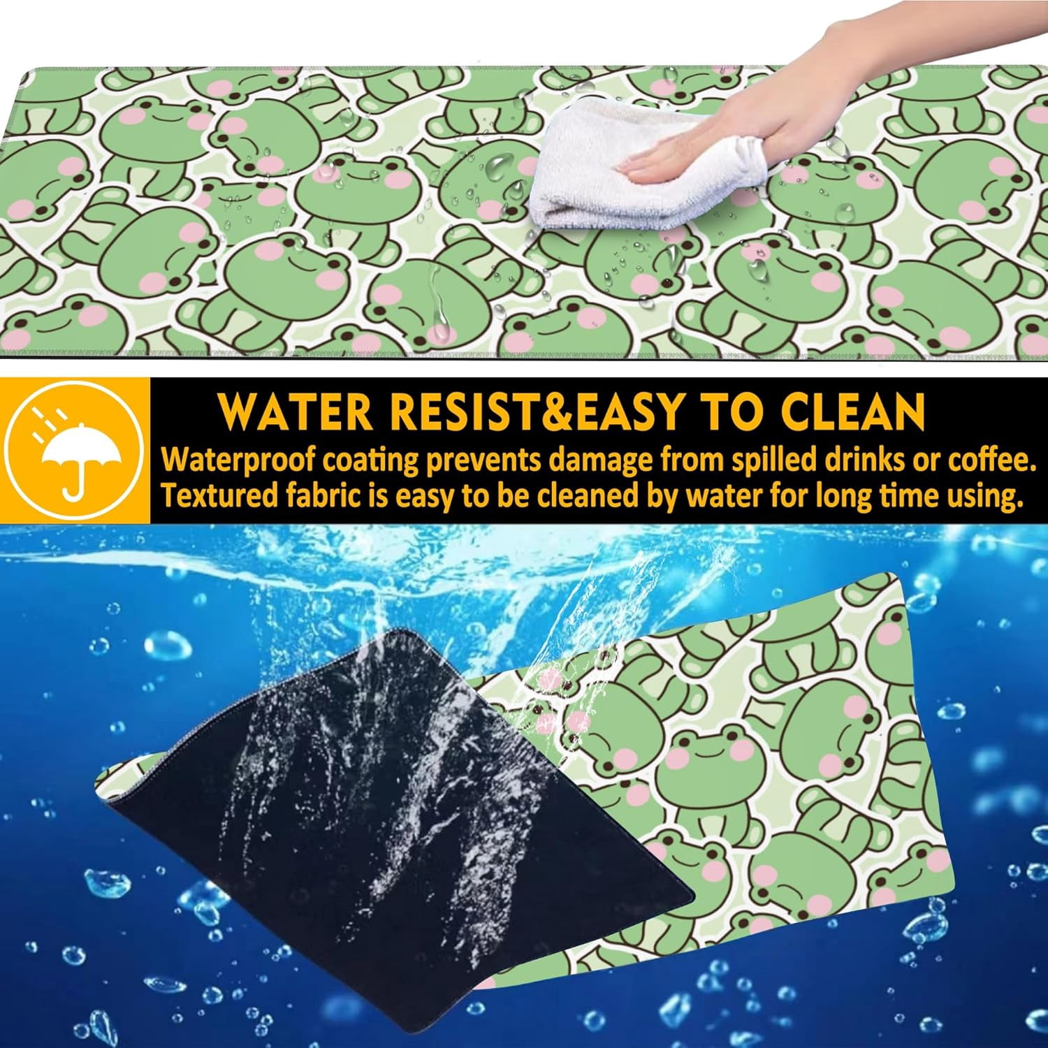 Kawaii Frog Gaming Mouse Pad,Green Cute Desk Mat,31.5""X15.7"" Large Desk Pad with Stitched Edge Non-Slip Base Keyboard Big Mouse Pad for Office Home Work Gaming, WDQ-D09
