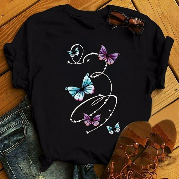 Camiseta Con Estampado De Arbol De Mariposa Para Mujer Ropa De Verano De Manga Corta Negra Blanca S 3XLpangjing Bodega Aurrera en linea