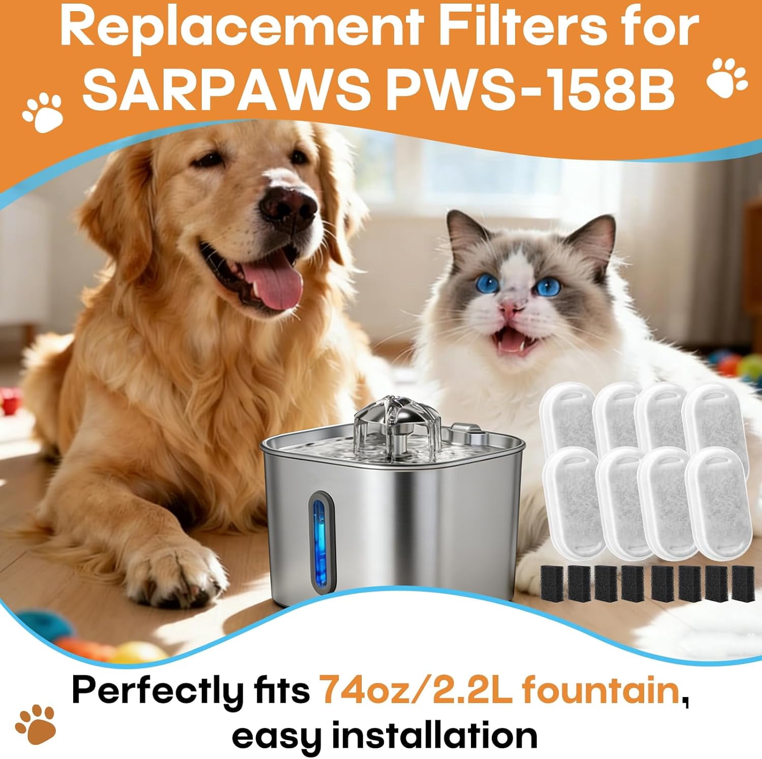 8 Pack Cat Water Fountain Filter, 2-Month Set Compatible with 74oz/2.2L Stainless Steel Pet Fountain, Quiet, Durable, Efficiency Filtration