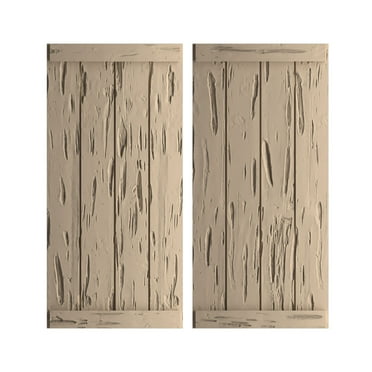 Ekena Millwork 22"W x 24"H Rustic Four Board Joined Board-n-Batten Pecky Cypress Faux Wood Shutters w/End Batten (Per Pair), Primed Tan