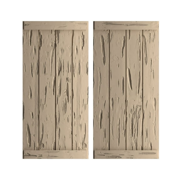 Ekena Millwork 22"W x 28"H Rustic Four Board Joined Board-n-Batten Pecky Cypress Faux Wood Shutters w/End Batten (Per Pair), Primed Tan