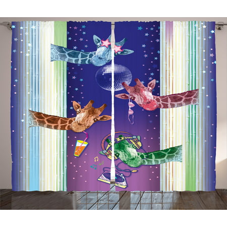 Animal Curtains 2 Panels Set, Giraffes in a Disco Party Cool Gang with Glasses Music DJ Drinks and Stars Artwork, Window Drapes for Living Room Bedroom, 108W X 84L Inches, Multicolor, by